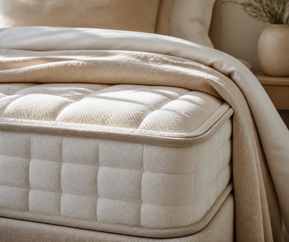 Detalhe de um colchão premium com roupa de cama clara