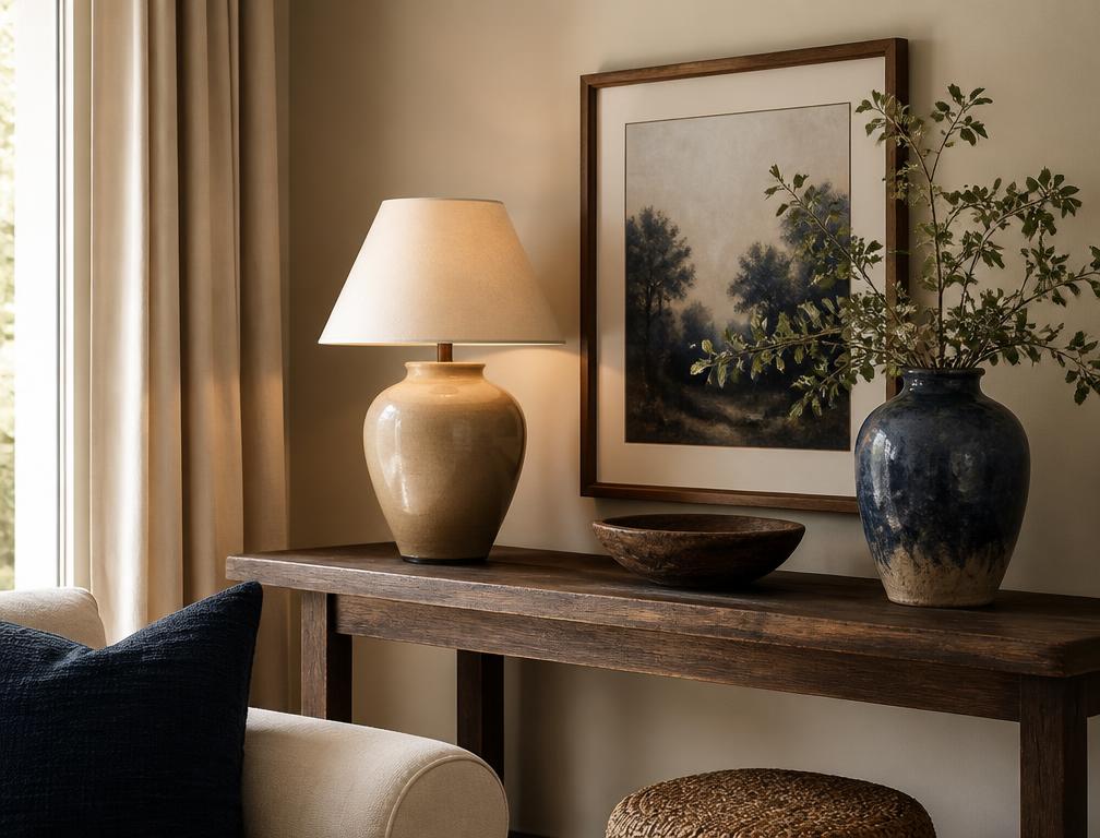 Aparador com abajur, quadro e vaso decorativo
